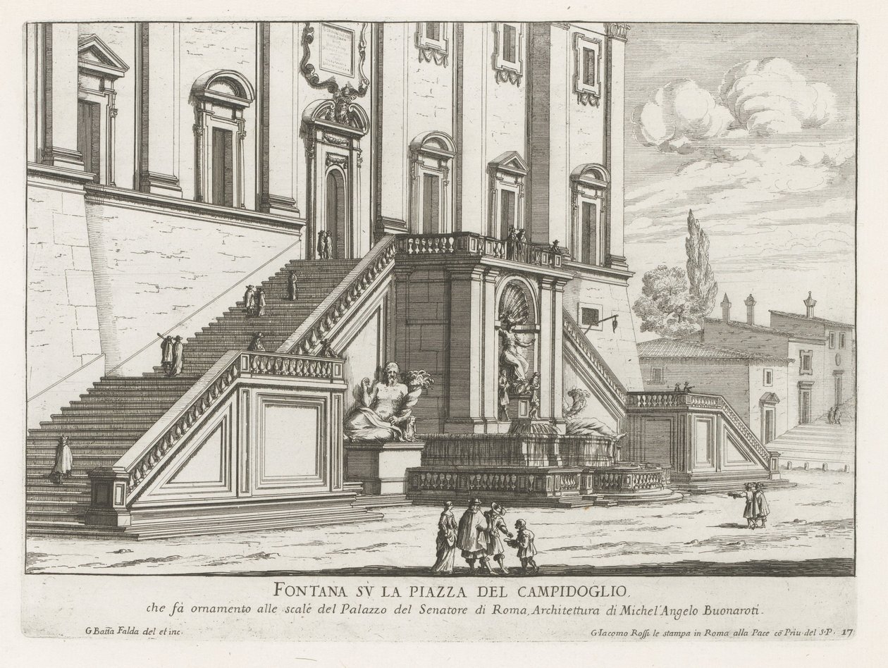 نافورة أمام Palazzo Senatorio في مبنى الكابيتول في روما Fontana su la Piazza del Campidoglio (العنوان على الكائن) Fontane di Roma (عنوان المسلسل) نوافير روما (عنوان السلسلة) بواسطة جيوفاني باتيستا فالدا
