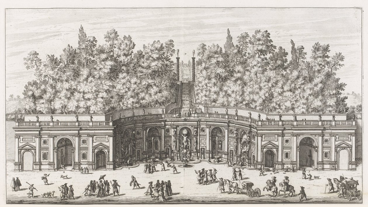 Teatro delle Acque في de tuinen van de Villa Aldobrandini te Frascati عرض وارتفاع تياترو ديل أكو العظيم لفيلا ألدوبراندينا (...) (العنوان على الكائن) نوافير فيلات فراسكاتي (عنوان السلسلة) فونتينين فان فراسكاتي (عنوان المسلسل) بواسطة جيوفاني باتيستا فالدا