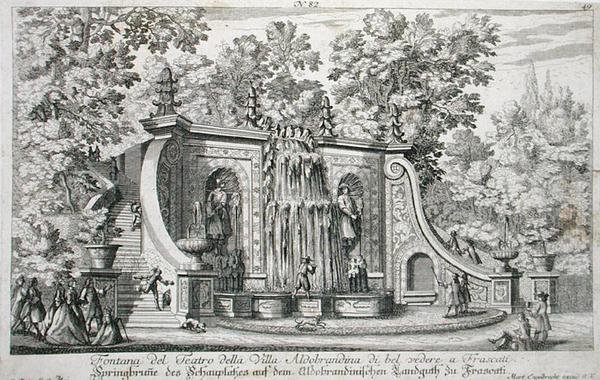 نافورة المسرح في فيلا Aldobrandina ، فراسكاتي ، حوالي 1675 ، من "Le Fontane" ، نُشرت قبل 1687 (نقش) بواسطة جيوفاني باتيستا فالدا