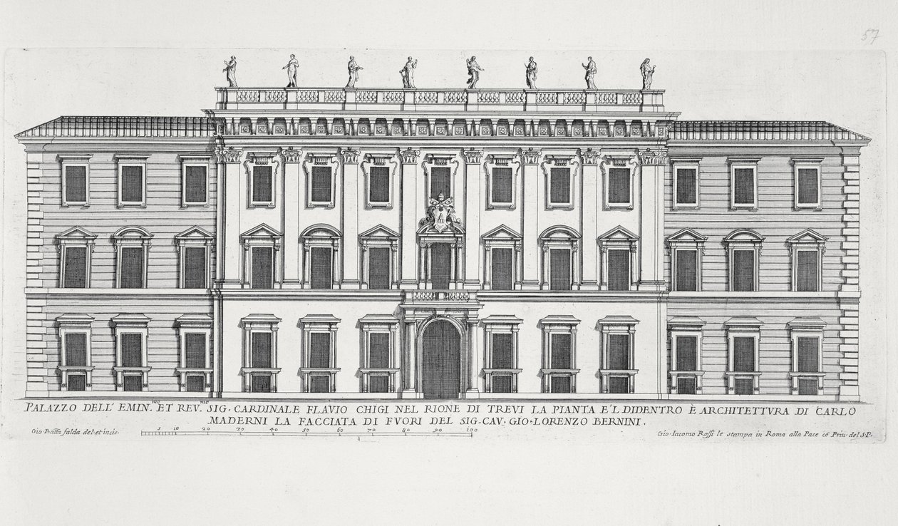 منظر لواجهة Palazzo Chigi ، روما ، صممه Matteo di Castello ، Carlo Maderno (1556-1629) و Giovanni Bernini (1598-1680) بواسطة جيوفاني باتيستا فالدا