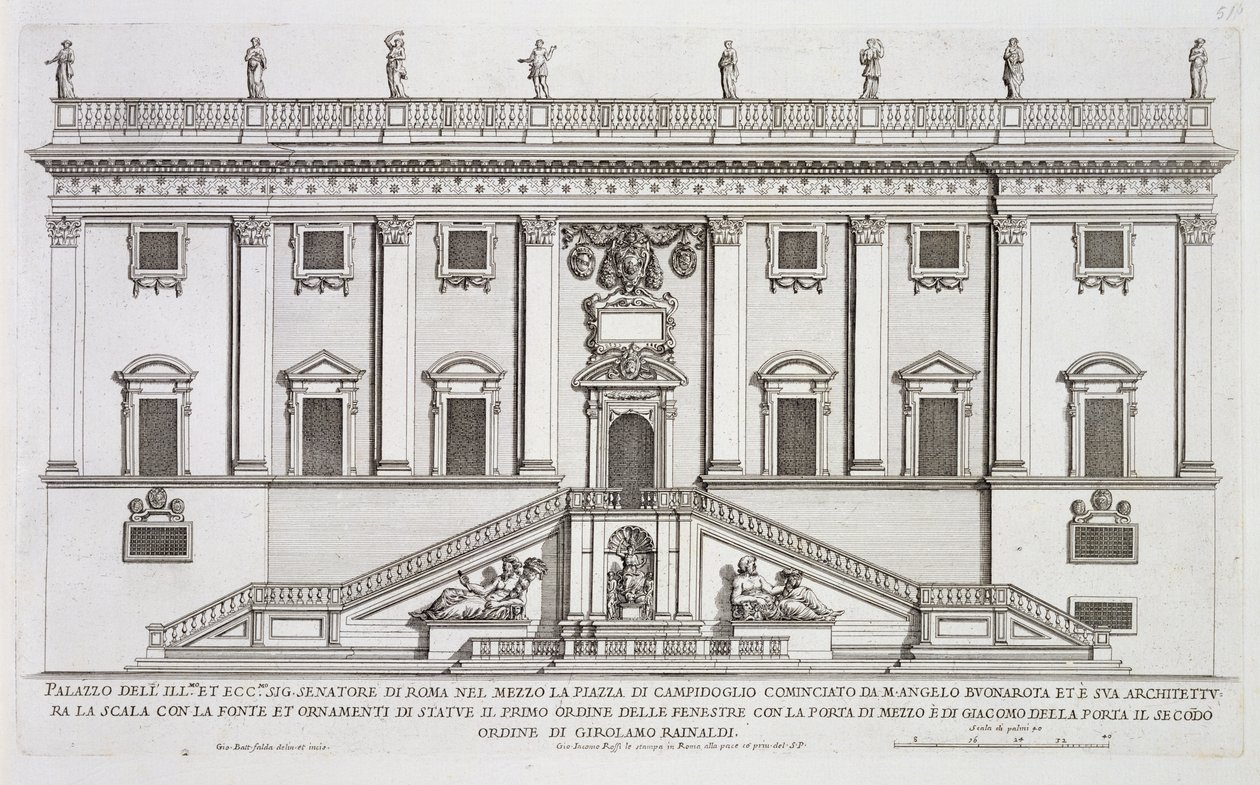 منظر لواجهة Palazzo Senatorio في Piazza del Campidoglio ، روما ، بدأه Michelangelo Buonarroti (1475-1564) وأكمله جيرولامو رينالدي (1570-1655) بواسطة جيوفاني باتيستا فالدا