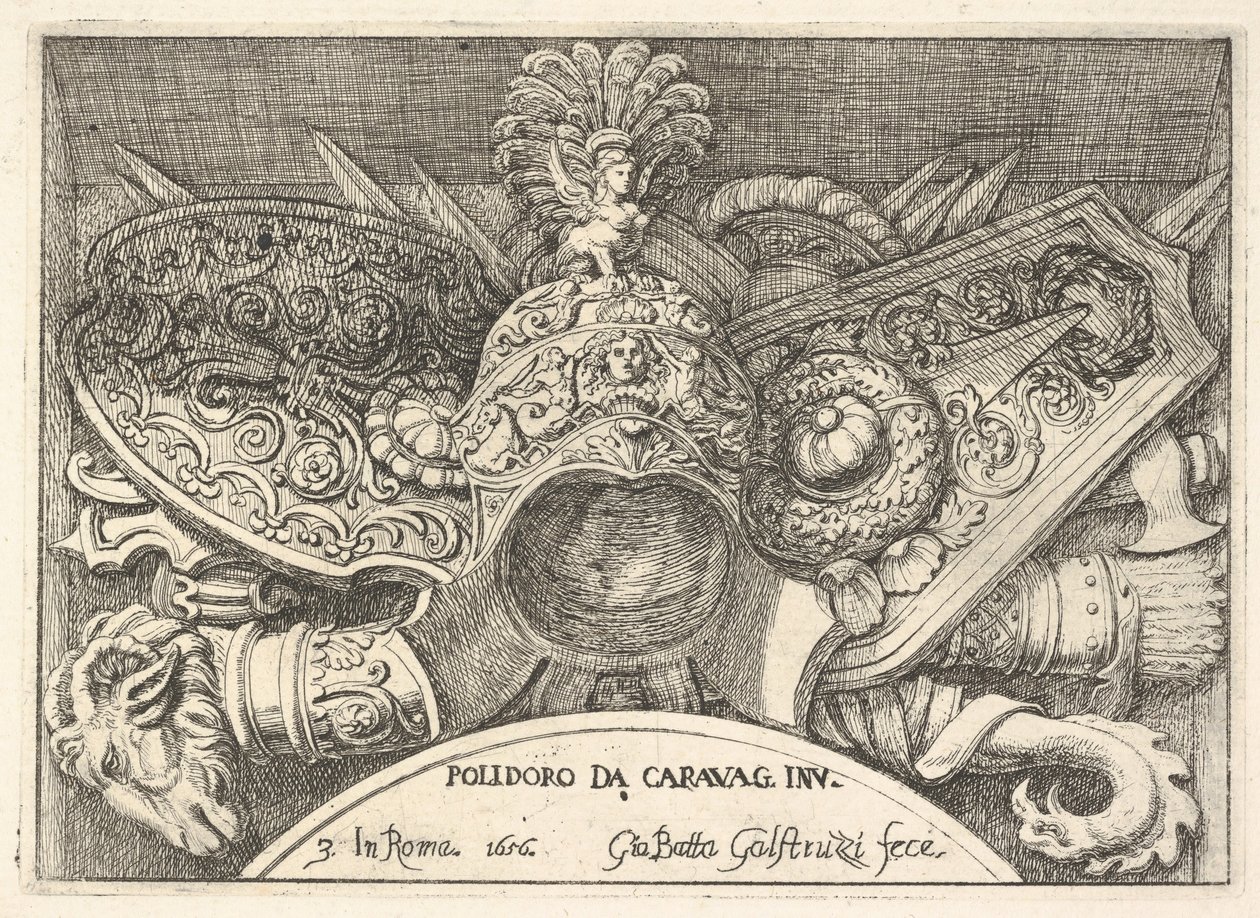 اللوحة 3: تذكارات الأذرع الرومانية من الزخارف فوق النوافذ في الطابق الثاني من عام 1656. بواسطة جيوفاني باتيستا جاليستروزي