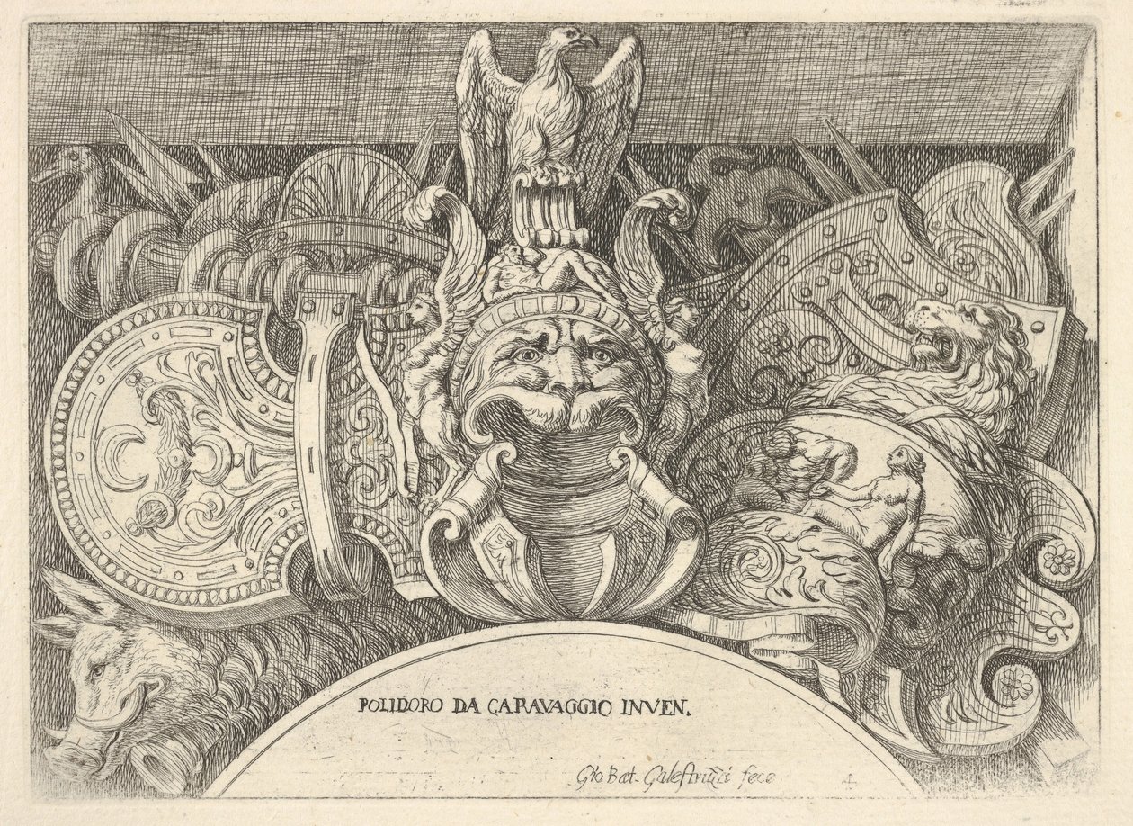 اللوحة 4: تذكارات الأذرع الرومانية من الزخارف فوق النوافذ في الطابق الثاني ... ، 1656-1658. بواسطة جيوفاني باتيستا جاليستروزي
