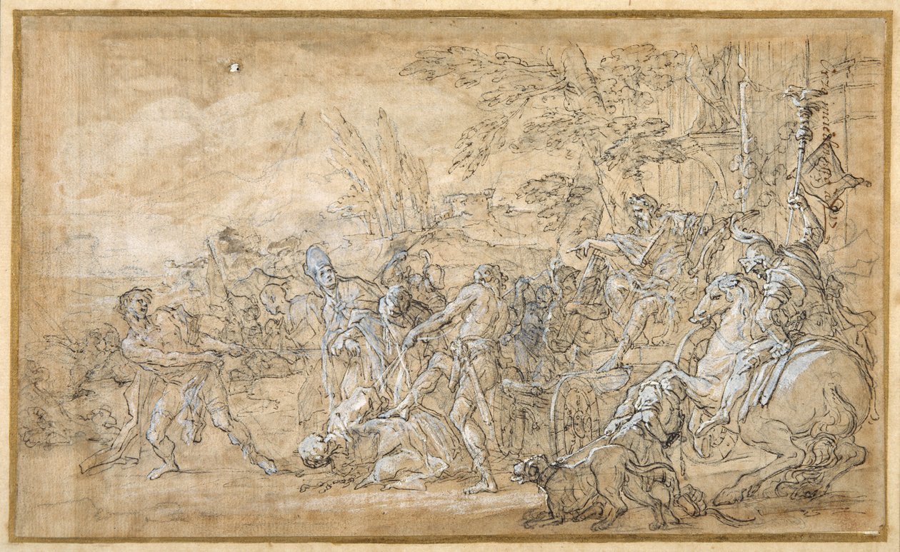 Captives, including a bishop, dragged and bound before the triumphal car of a Roman general (pen & brown ink, pen heightened with white body colour, over preliminaries in black chalk on cream paper) بواسطة جيوفاني باتيستا ليناردي