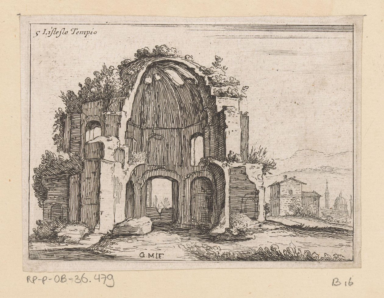 بقايا معبد مينيرفا ميديكا في منظر طبيعي Listesso Tempio (العنوان على الكائن) مناظر من روما (عنوان المسلسل) Alcune vedute et prospettive di luoghi dishabitati di Roma (عنوان المسلسل) بواسطة جيوفاني باتيستا ميركاتي