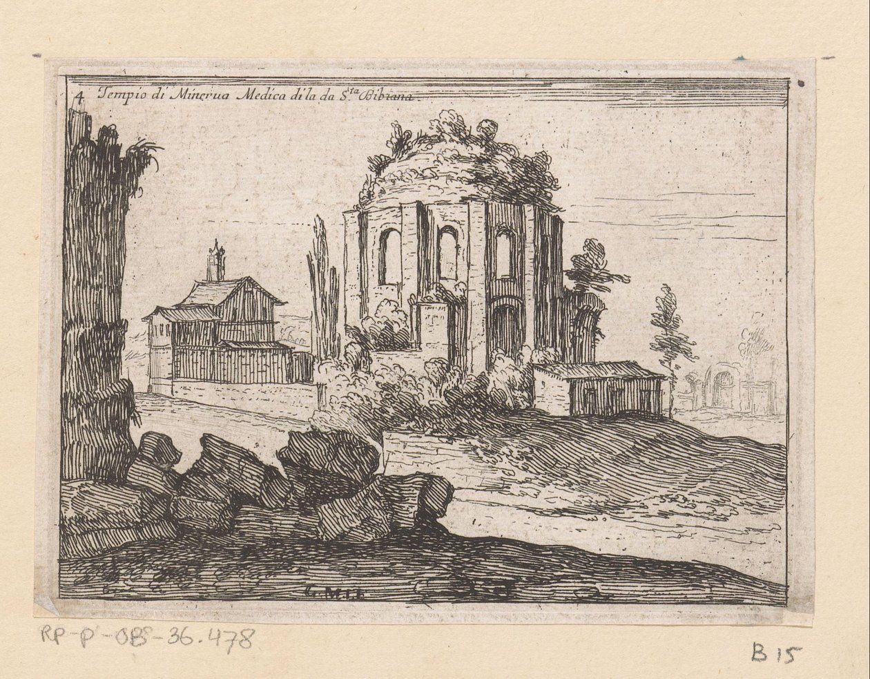 Resten van de Tempel van Minerva Medica في منظر طبيعي معبد مينيرفا ميديكا دي لا دا سانتا بيبيانا (العنوان على الجسم) Gezichten op Rome (عنوان المسلسل) بعض وجهات النظر ووجهات النظر للأماكن غير المأهولة في روما (عنوان السلسلة) بواسطة جيوفاني باتيستا ميركاتي