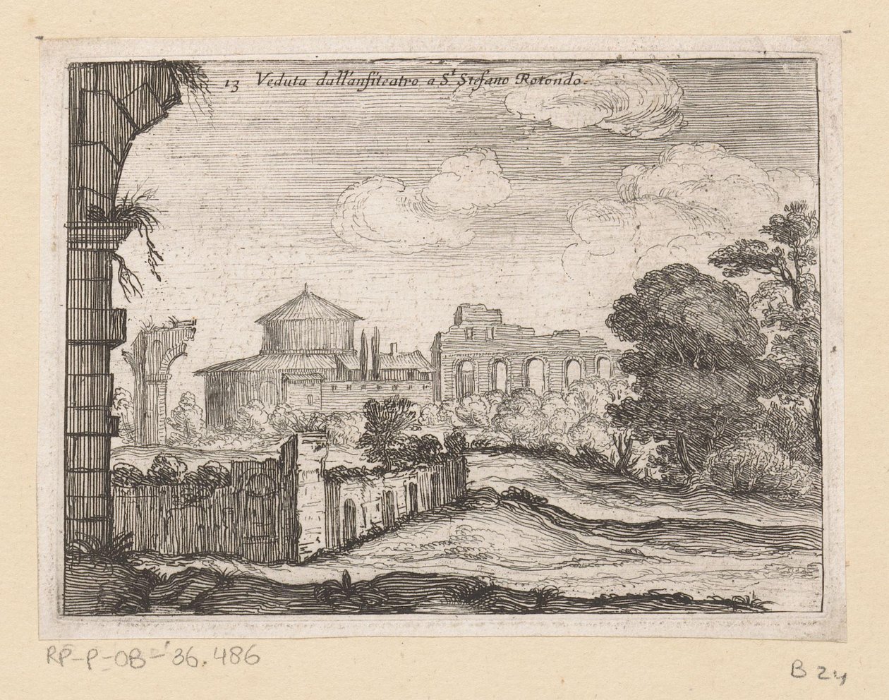 بقايا مدرج في سان ستيفانو روتوندو في روما Veduta dall'anfiteatro a St Stefano Rotondo (العنوان على الجسم) مناظر لروما (عنوان السلسلة) بواسطة جيوفاني باتيستا ميركاتي