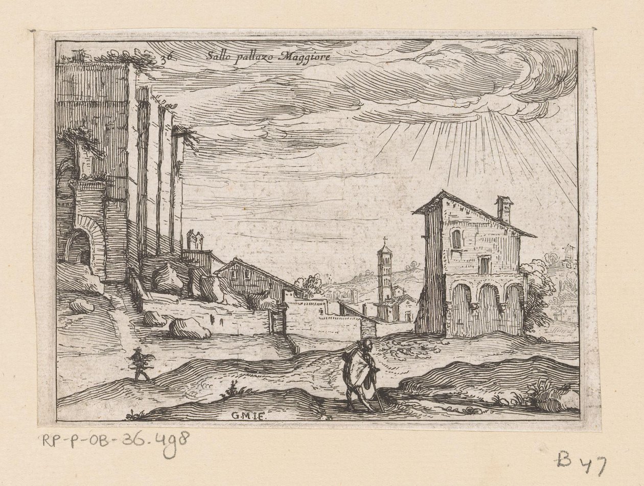 أطلال Palazzo Maggiore في روما والمباني المجاورة Sallo pallazo Maggiore (العنوان على الكائن) مناظر لروما (عنوان السلسلة) Alcune vedute et prospettive di luoghi dishabitati di Roma (عنوان السلسلة) بواسطة جيوفاني باتيستا ميركاتي