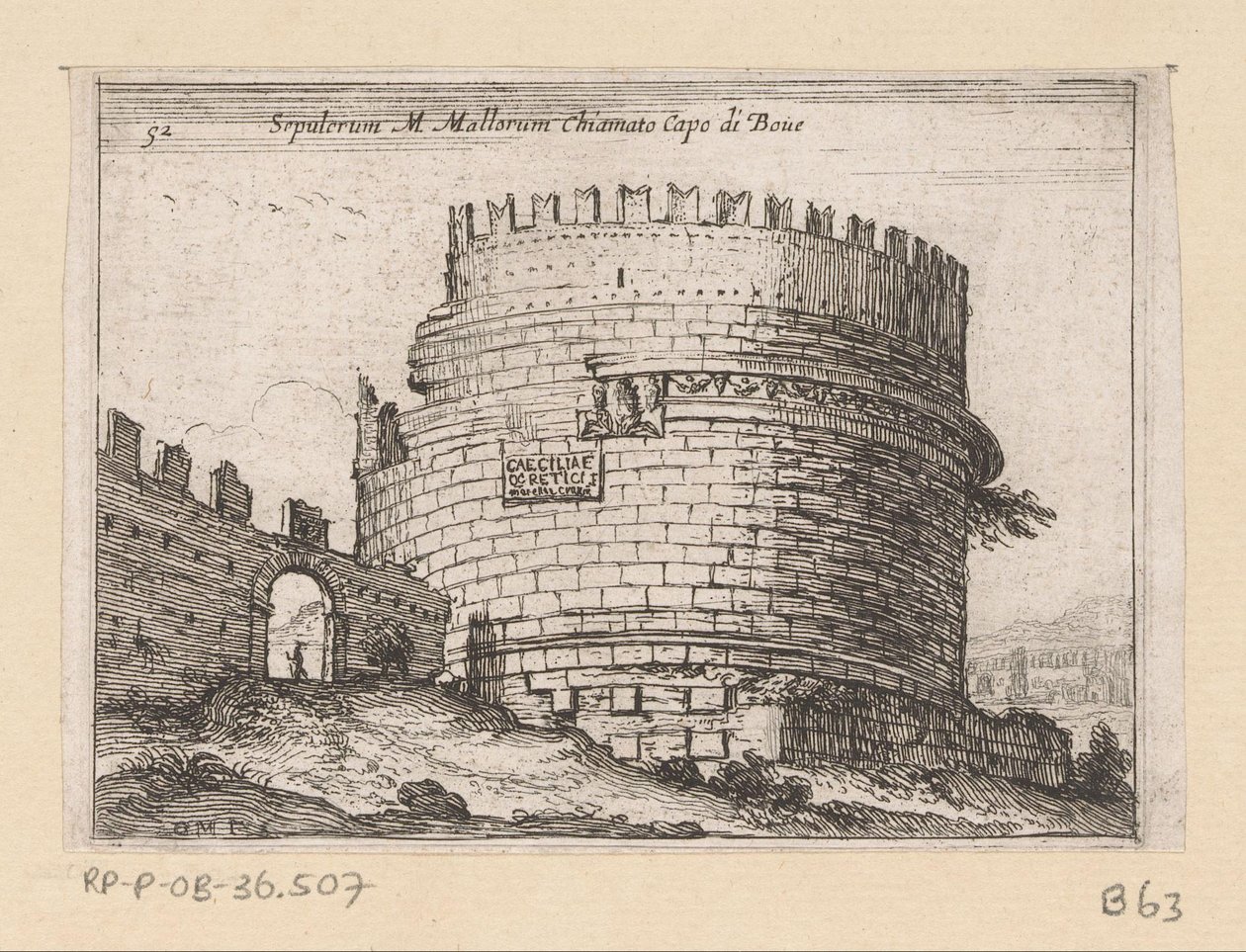 تومب فان كايسيليا ميتيلا تي روما تسمى Sepulcrum M. Mallorum Cape of Boue (العنوان على الكائن) Gezichten op Rome (عنوان المسلسل) بعض وجهات النظر ووجهات النظر للأماكن غير المأهولة في روما (عنوان السلسلة) بواسطة جيوفاني باتيستا ميركاتي