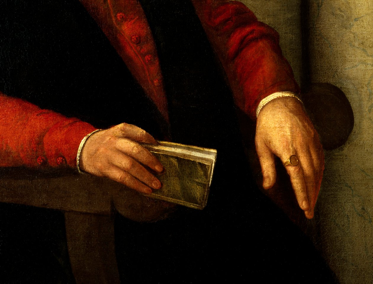 افترض صورة فرانسوا رابليه (1494-1553) ، الكاتب والطبيب الفرنسي. تفاصيل الكتاب الذي يحمله في يده والفارس الذي يحمله على إصبعه. لوحة جيوفاني باتيستا موروني (1525-1578) بواسطة جيوفاني باتيستا موروني