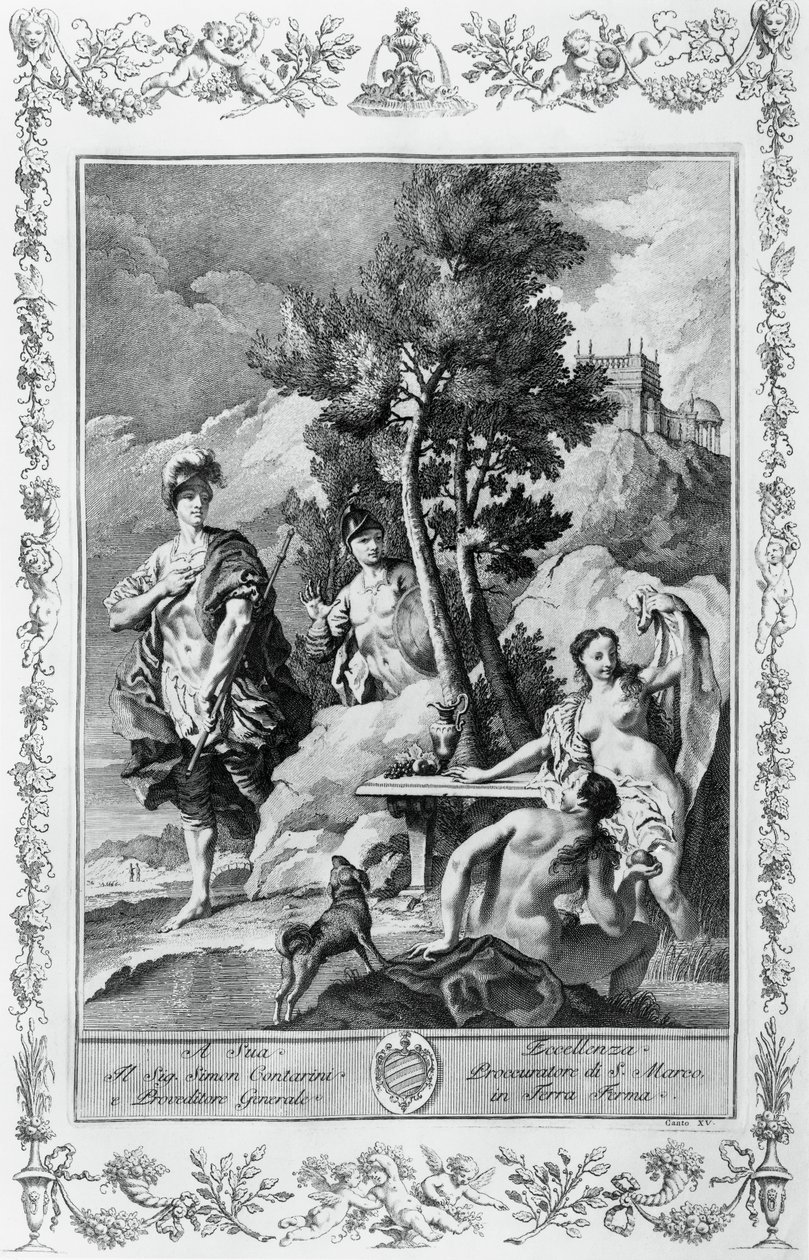 كارلو وأوبالدو في الجزر السعيدة ، نقش ، بقلم جيوفاني باتيستا بيازيتا (1683-1754) لكانتو الخامس عشر من القدس تسليمها ، توركواتو تاسو (1544-1595) ، طبعة جيوفاني باتيستا ألبريتزي ، البندقية ، إيطاليا بواسطة جيوفاني باتيستا بيازيتا