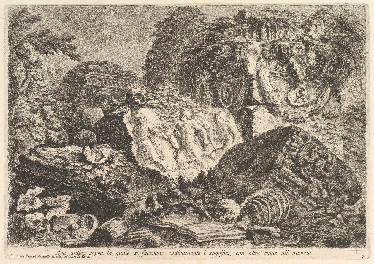 مذبح قديم تم فيه تقديم التضحيات في العصور القديمة ، محاطًا بآخر روي ... ، كاليفورنيا. 1750. بواسطة جيوفاني باتيستا بيرانيسي