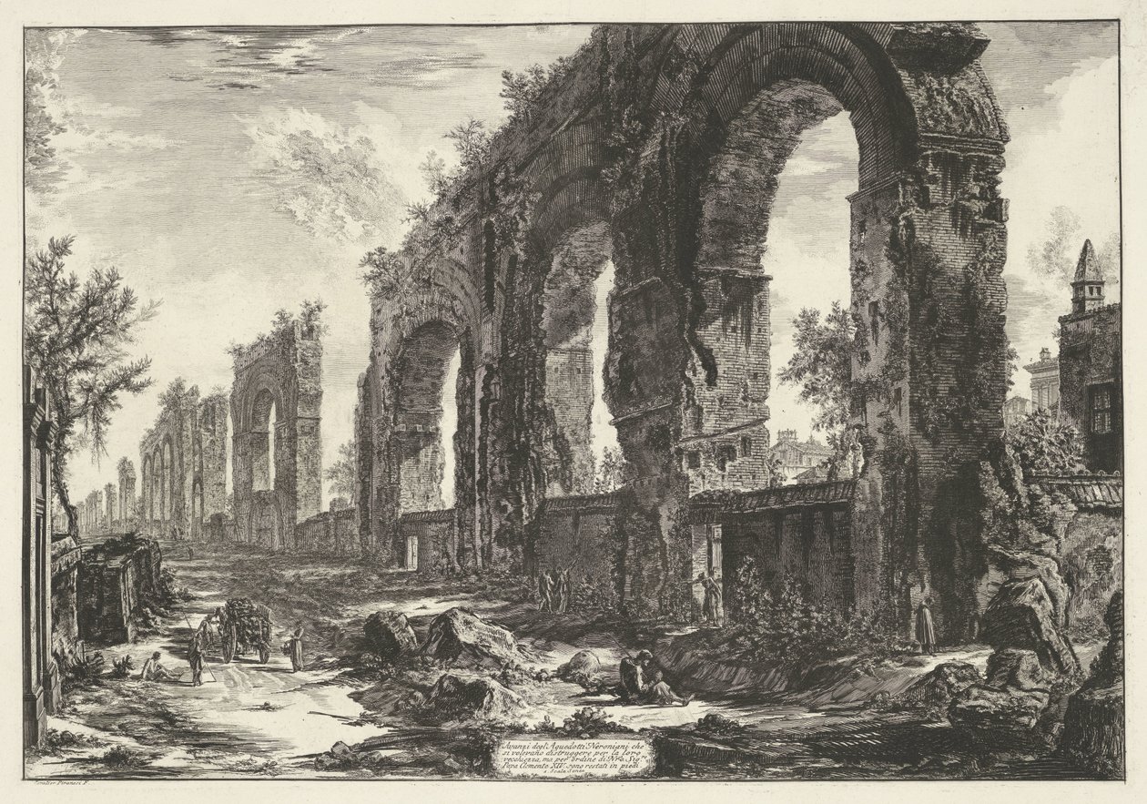 Aquaduct van Nero te Rome بقايا من القنوات النيرونية التي كان من المفترض تدميرها بسبب عمرها (...] (العنوان على الكائن) Gezichten op Rome (عنوان المسلسل) مناظر لروما رسمها ونقشها المهندس المعماري جيامباتيستا بيرانيزي Ve (nez) iano (عصر بواسطة جيوفاني باتيستا بيرانيسي