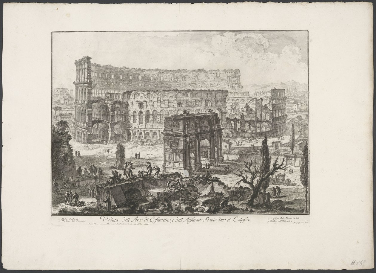 Boog van Constantijn en het Colosseum te Rome view of the arch of Constantine، and Flavian Amphitheatre المعروف باسم الكولوسيوم (العنوان على الكائن) Gezichten op Rome (عنوان السلسلة) مناظر لروما رسمها ونقشها المهندس المعماري Giambattista Piranesi Ve (nez)  بواسطة جيوفاني باتيستا بيرانيسي