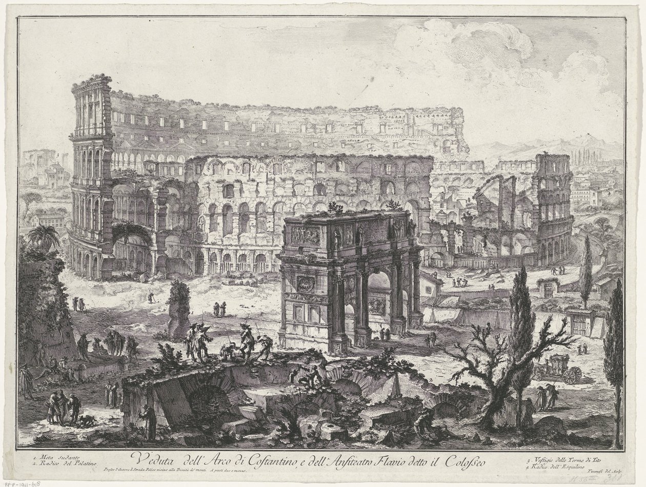 Boog van Constantijn en het Colosseum te Rome view of the arch of Constantine، and Flavian Amphitheatre المعروف باسم الكولوسيوم (العنوان على الكائن) Gezichten op Rome (عنوان السلسلة) مناظر لروما رسمها ونقشها المهندس المعماري Giambattista Piranesi Ve (nez)  بواسطة جيوفاني باتيستا بيرانيسي