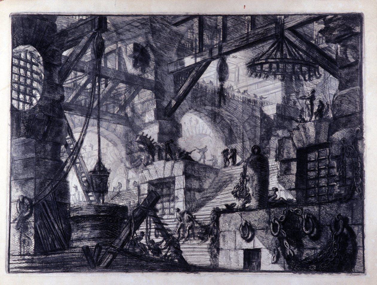 "سجون الاختراع": منظر داخلي لسجن وهمي. رسم جيوفاني بيرانيزي (المعروف باسم Piranese) (1720-1778). بواسطة جيوفاني باتيستا بيرانيسي