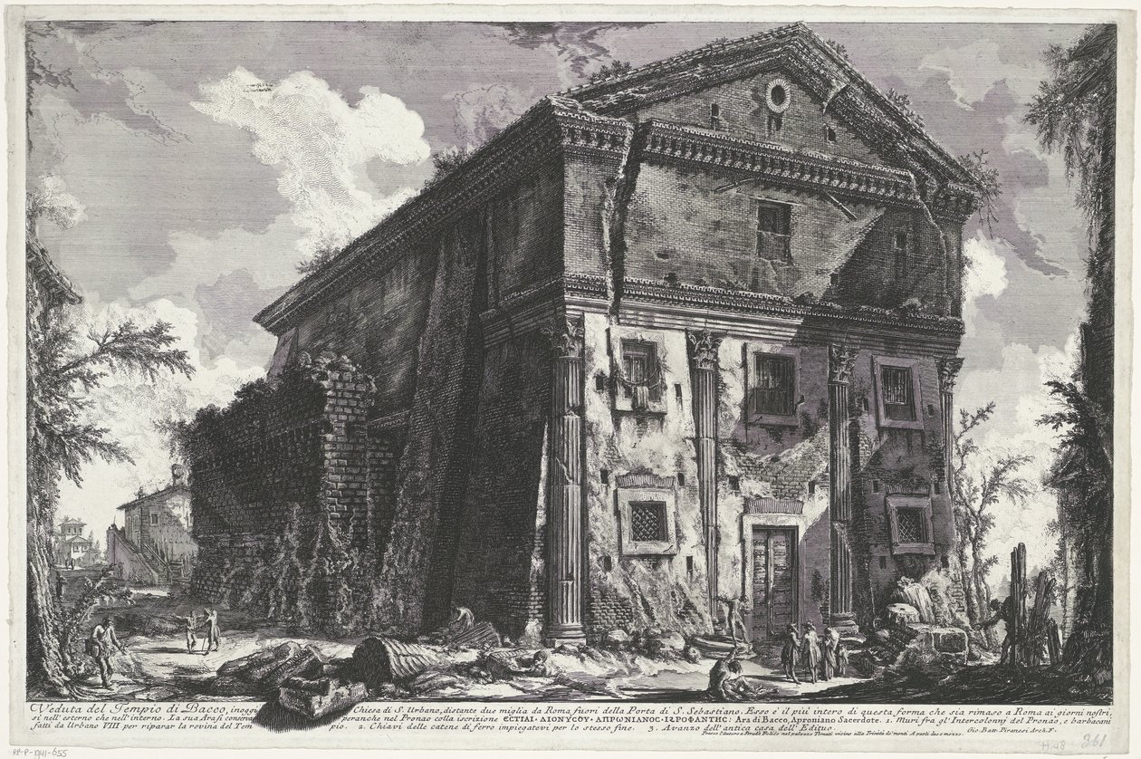 كنيسة سانت أوربانو تي روما منظر لمعبد باك (...) (العنوان على الجسم) Gezichten op Rome (عنوان المسلسل) مناظر لروما رسمها ونقشها المهندس المعماري جيامباتيستا بيرانيزي Ve (nez) iano (عنوان السلسلة) بواسطة جيوفاني باتيستا بيرانيسي