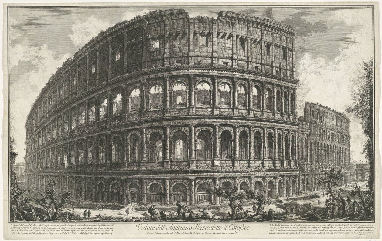 الكولوسيوم تي روما منظر لمدرج فلافيان ، المعروف باسم الكولوسيوم (العنوان على الجسم) Gezichten op Rome (عنوان المسلسل) مناظر لروما رسمها ونقشها المهندس المعماري جيامباتيستا بيرانيزي Ve (nez) iano (عنوان السلسلة) بواسطة جيوفاني باتيستا بيرانيسي