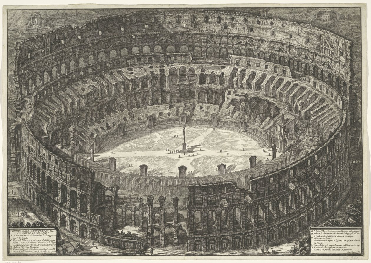 الكولوسيوم تي روما منظر لمدرج فلافيان المعروف باسم الكولوسيوم (العنوان على الجسم) Gezichten op Rome (عنوان المسلسل) مناظر لروما رسمها ونقشها المهندس المعماري جيامباتيستا بيرانيزي Ve (nez) iano (عنوان السلسلة) بواسطة جيوفاني باتيستا بيرانيسي