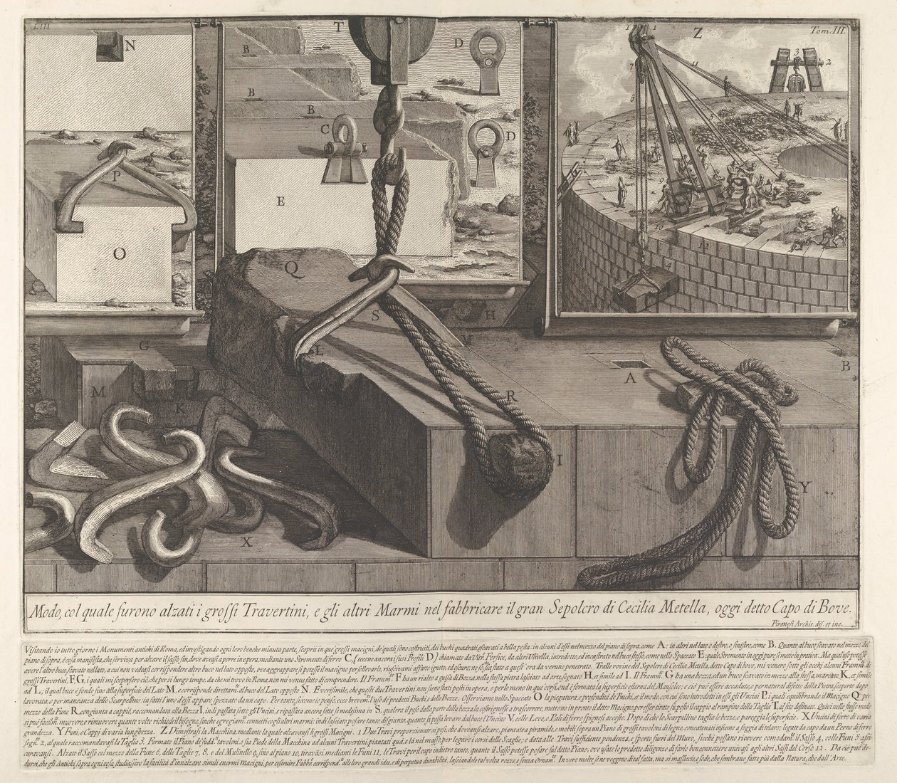 لوح توضيحي يوضح تقنية لرفع كتل الحجر الجيري والرخام للكون ، 1756. بواسطة جيوفاني باتيستا بيرانيسي