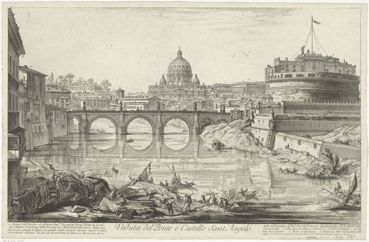 Engelenbrug en Engelenburcht te Rome منظر لجسر وقلعة سانت أنجيلو (العنوان على الجسم) Gezichten op Rome (عنوان المسلسل) مناظر لروما رسمها ونقشها المهندس المعماري جيامباتيستا بيرانيزي Ve (nez) iano (عنوان السلسلة) بواسطة جيوفاني باتيستا بيرانيسي