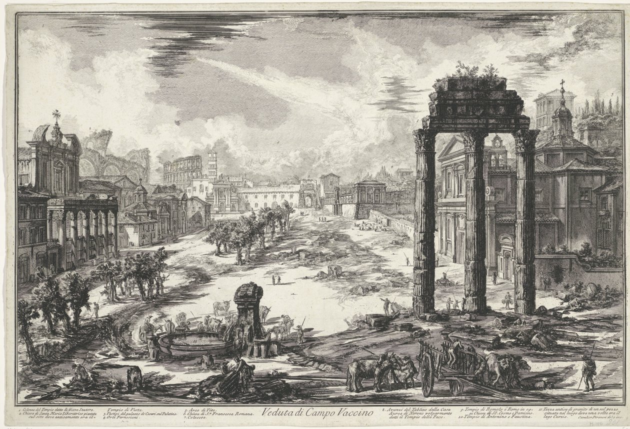 منتدى رومانوم تي روما منظر لكامبو فاتشينو (العنوان على الكائن) Gezichten op Rome (عنوان المسلسل) مناظر لروما رسمها ونقشها المهندس المعماري جيامباتيستا بيرانيزي Ve (nez) iano (عنوان السلسلة) بواسطة جيوفاني باتيستا بيرانيسي