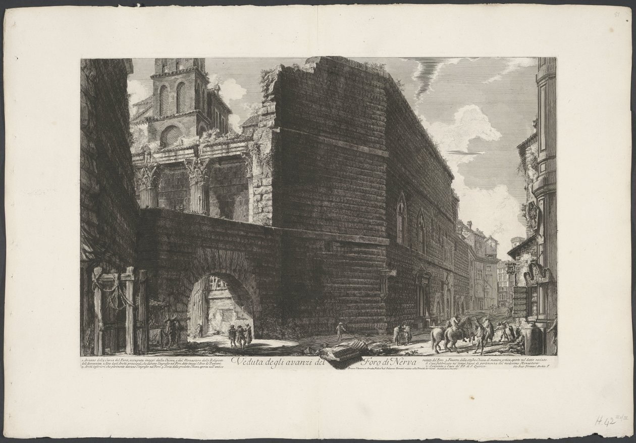 منتدى فان أوغسطس تي روما عرض بقايا منتدى نيرفا (العنوان على الكائن) Gezichten op Rome (عنوان المسلسل) مناظر لروما رسمها ونقشها المهندس المعماري جيامباتيستا بيرانيزي Ve (nez) iano (عنوان السلسلة) بواسطة جيوفاني باتيستا بيرانيسي
