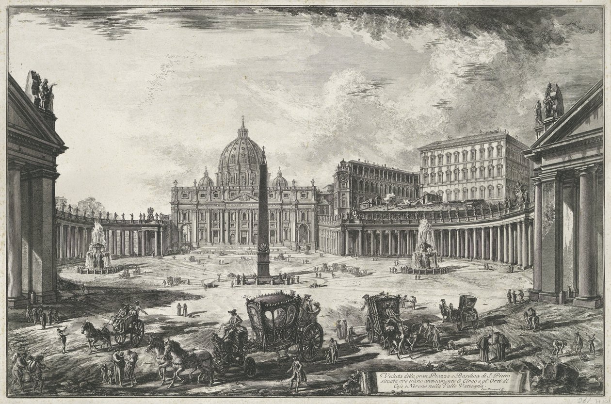 منظر لساحة القديس بطرس وكاتدرائية القديس بطرس في مدينة الفاتيكان Veduta della gran Piazza e Basilica di S. Pietr (...) (العنوان على الكائن) مناظر من روما (عنوان المسلسل) Vedute di Roma disegnate ed incise da Giambattista Piranesi architetto بواسطة جيوفاني باتيستا بيرانيسي