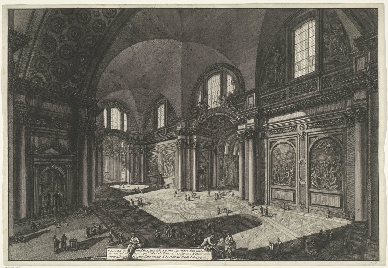 Interieur van de Santa Maria degli Angeli e dei Martiri te روما منظر داخلي لكنيسة Madonna degli Anioli of the Certosa التي كانت سابقًا القاعة الرئيسية لحمامات دقلديانوس (العنوان على الكائن) Gezichten op Rome (عنوان المسلسل) بواسطة جيوفاني باتيستا بيرانيسي