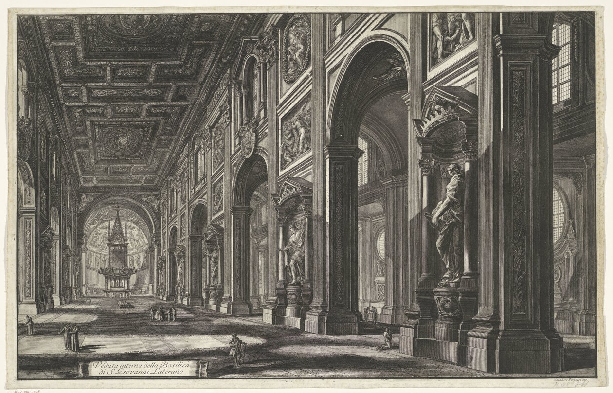 Interieur van de Sint-Jan van Lateranen te Rome منظر داخلي لكنيسة S. Giovanni Laterano (العنوان على الجسم) Gezichten op Rome (عنوان المسلسل) مناظر لروما رسمها ونقشها المهندس المعماري جيامباتيستا بيرانيزي Ve (nez) iano (عنوان السلسلة) بواسطة جيوفاني باتيستا بيرانيسي