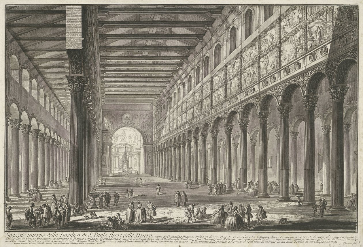 Interieur van de Sint-Paulus buiten de Muren te Rome القسم الداخلي من بازيليك القديس بولس خارج الأسوار (...) (العنوان على الكائن) Gezichten op Rome (عنوان المسلسل) مناظر لروما رسمها ونقشها المهندس المعماري جيامباتيستا بيرانيزي Ve (nez) iano بواسطة جيوفاني باتيستا بيرانيسي