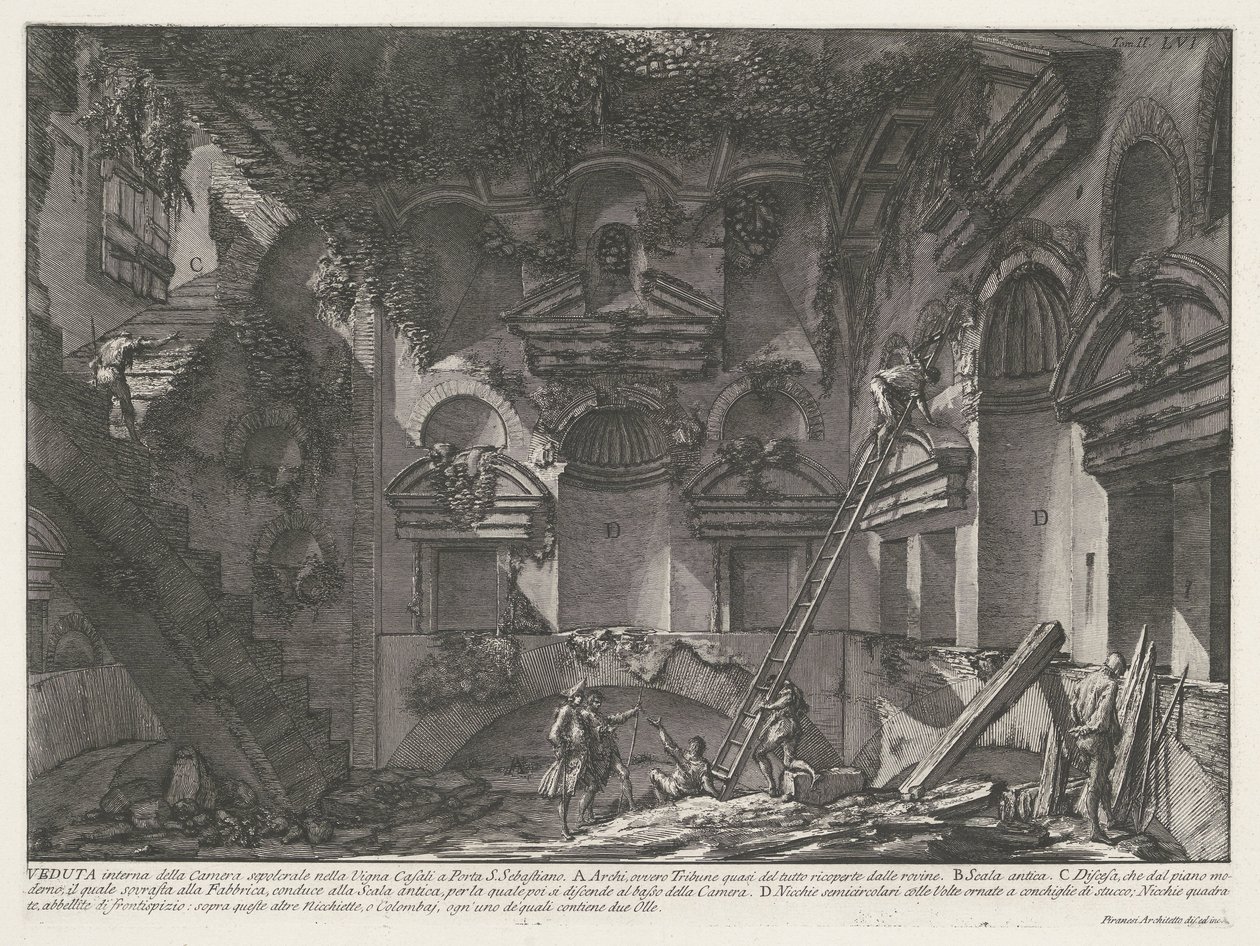 Interieur van graftombe bij Vigna Casali منظر داخلي لغرفة الدفن في Vigna Casali في Porta S. Sebastiano (العنوان على الجسم) Archeologische vondsten in en rond Rome (عنوان السلسلة) الآثار الرومانية (عنوان السلسلة) بواسطة جيوفاني باتيستا بيرانيسي
