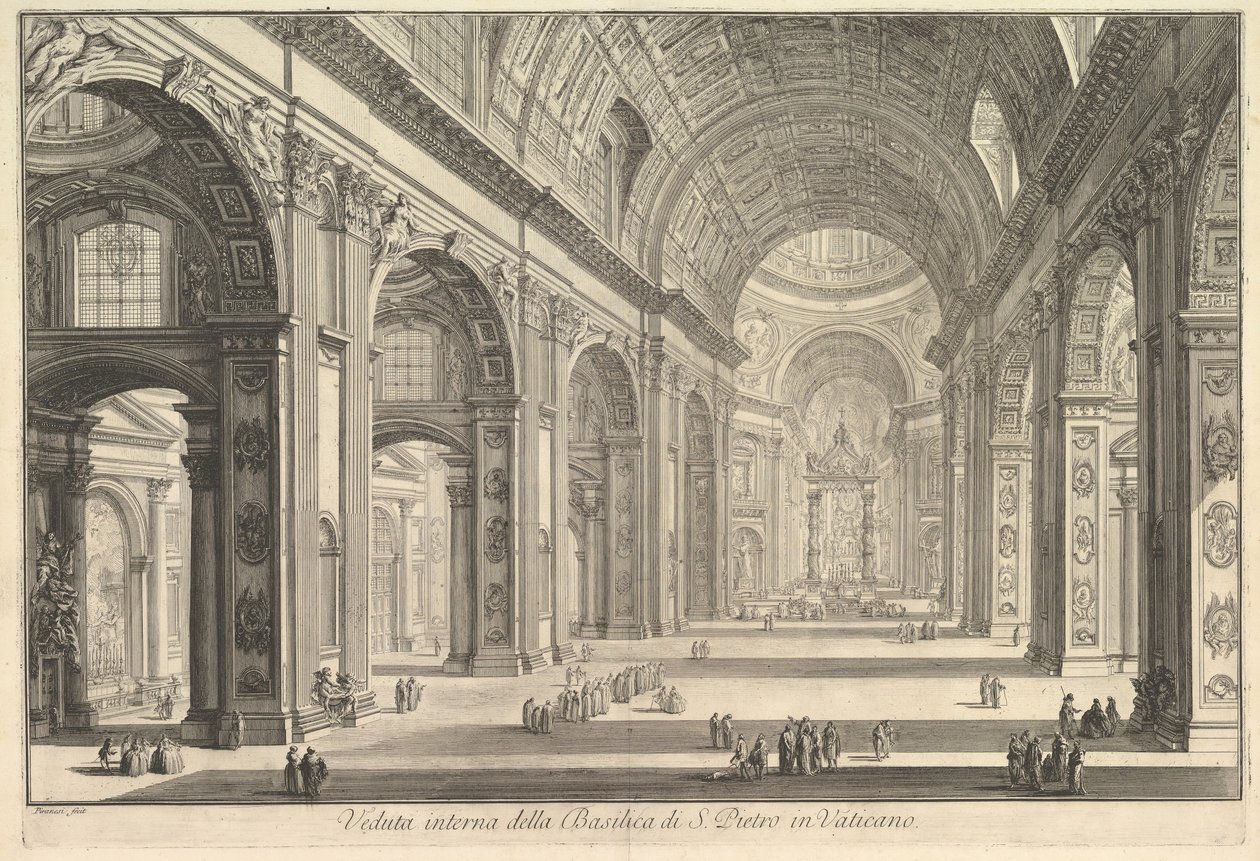 منظر داخلي لسانت بيترز بازيليكا في الفاتيكان ، من Vedute di Roma Roman Views ، ca. 1748. بواسطة جيوفاني باتيستا بيرانيسي