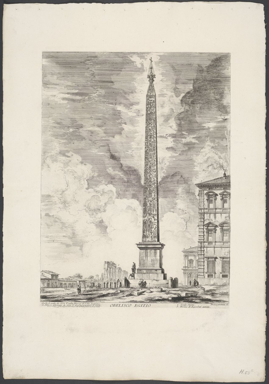مسلة لاتران روما المسلة المصرية (العنوان على الكائن) Gezicht op Rome (عنوان المسلسل) مناظر لروما رسمها ونقشها المهندس المعماري جيامباتيستا بيرانيزي Ve (nez) iano (عنوان السلسلة) بواسطة جيوفاني باتيستا بيرانيسي