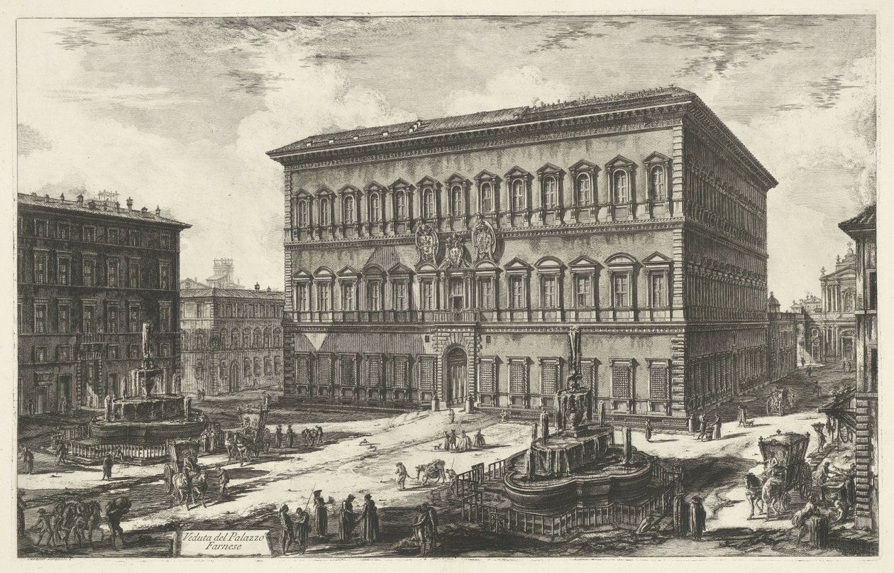 قصر فارنيز في روما منظر لـ Palazzo Farnese (العنوان على الكائن) Gezichten op Rome (عنوان المسلسل) مناظر لروما رسمها ونقشها المهندس المعماري جيامباتيستا بيرانيزي Ve (nez) iano (عنوان السلسلة) بواسطة جيوفاني باتيستا بيرانيسي