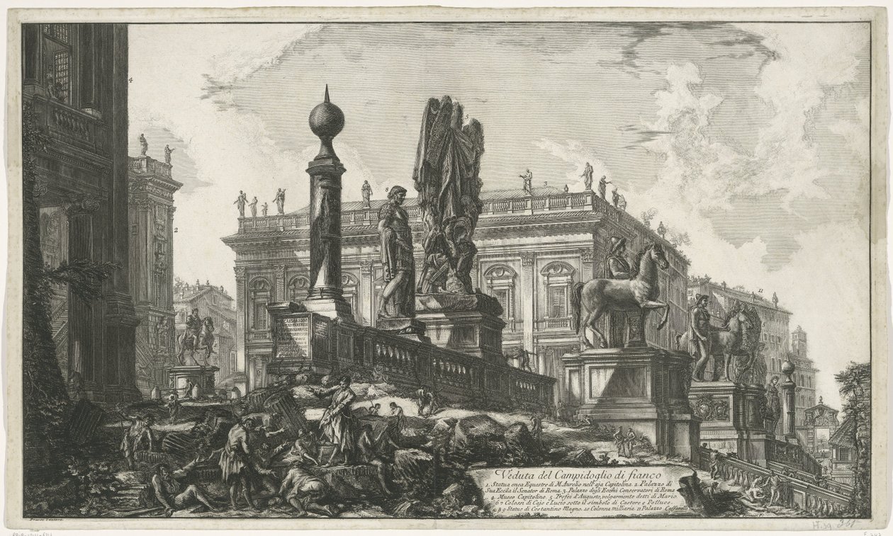 Piazza del Campidoglio van يربط gezien منظر جانبي لـ Campidoglio (العنوان على الكائن) Gezichten op Rome (عنوان السلسلة) مناظر لروما رسمها ونقشها المهندس المعماري Giambattista Piranesi Ve (nez) iano (عنوان السلسلة) بواسطة جيوفاني باتيستا بيرانيسي