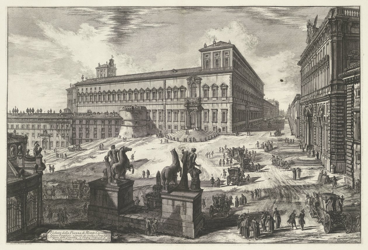 بيازا ديل كويرينال في روما منظر لساحة دي مونتي كافالو (العنوان على الجسم) Gezichten op Rome (عنوان المسلسل) مناظر لروما رسمها ونقشها المهندس المعماري جيامباتيستا بيرانيزي Ve (nez) iano (عنوان السلسلة) بواسطة جيوفاني باتيستا بيرانيسي
