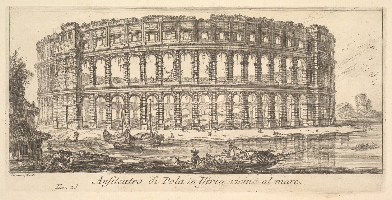 اللوحة 23: مدرج بولا في إستريا بالقرب من البحر Anfiteatro di Pola in Istria vi ...، ca. 1748. بواسطة جيوفاني باتيستا بيرانيسي