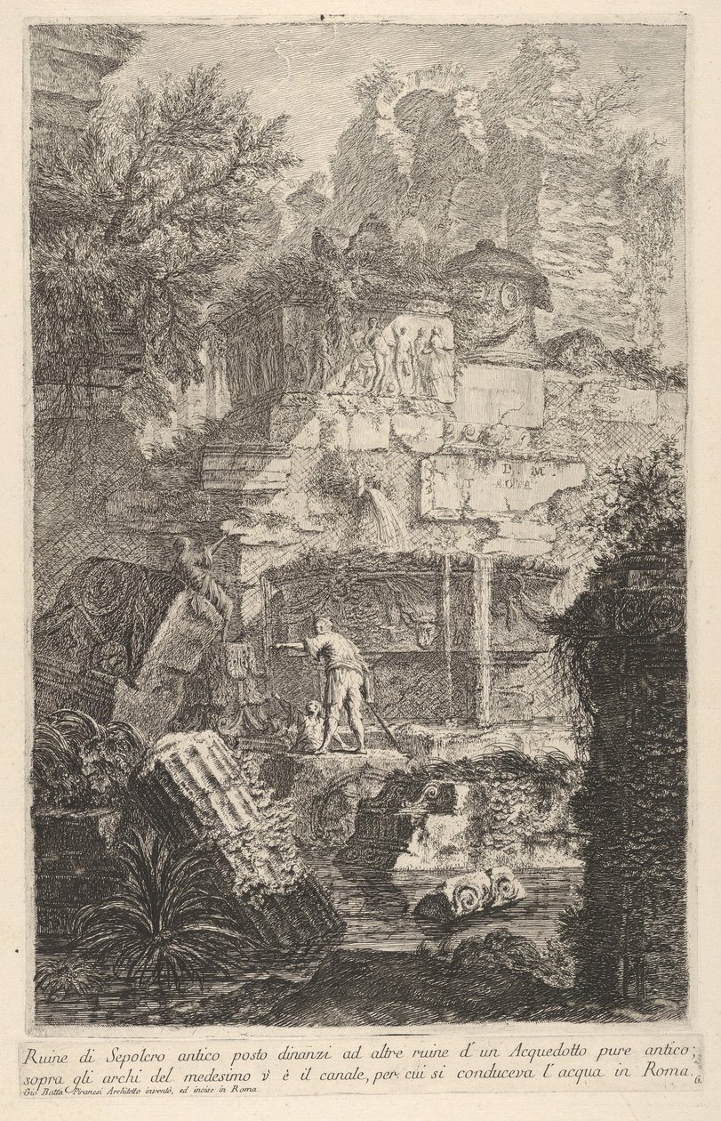 اللوحة 6: أطلال قبر قديم أمام أنقاض قناة قديمة ، فوق القوس ... ، 1743. بواسطة جيوفاني باتيستا بيرانيسي