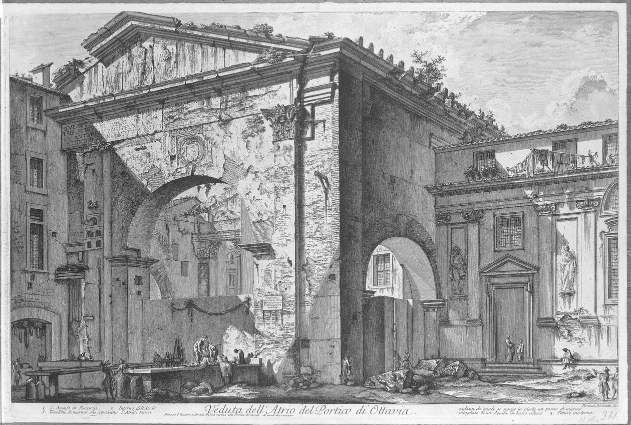 Porticus van Octavia te Rome منظر لردهة Portico of Octavia (العنوان على الكائن) Gezichten op Rome (عنوان السلسلة) مناظر لروما مرسومة ونقشت بواسطة المهندس المعماري Giambattista Piranesi Ve (nez) iano (عنوان السلسلة) بواسطة جيوفاني باتيستا بيرانيسي