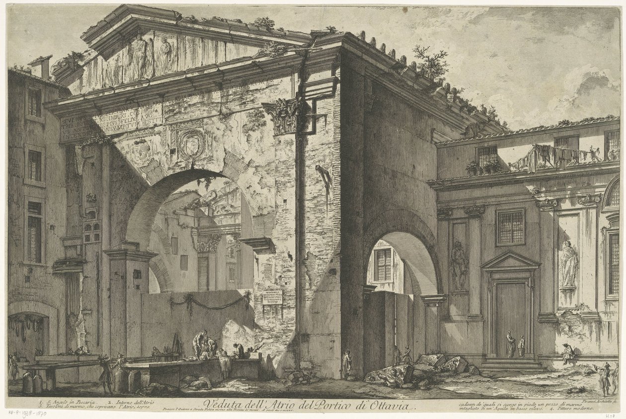 بورتيكوس فان أوكتافيا تي روما منظر لردهة رواق أوكتافيا (العنوان على الجسم) Gezichten op Rome (عنوان المسلسل) مناظر لروما رسمها ونقشها المهندس المعماري جيامباتيستا بيرانيزي Ve (nez) iano (عنوان السلسلة) بواسطة جيوفاني باتيستا بيرانيسي