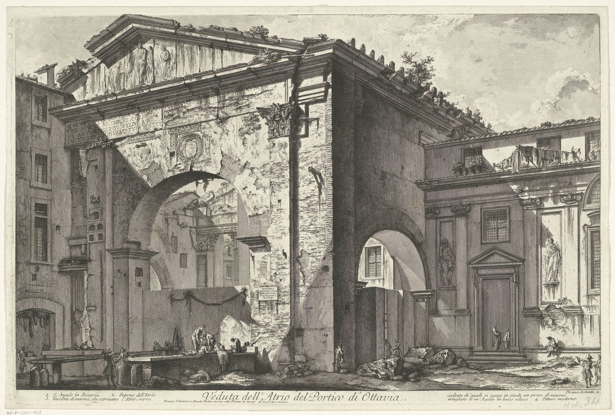 بورتيكوس فان أوكتافيا تي روما منظر لردهة رواق أوكتافيا (العنوان على الجسم) Gezichten op Rome (عنوان المسلسل) مناظر لروما رسمها ونقشها المهندس المعماري جيامباتيستا بيرانيزي Ve (nez) iano (عنوان السلسلة) بواسطة جيوفاني باتيستا بيرانيسي