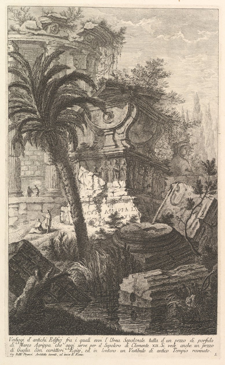 بقايا المباني القديمة التي يقف من بينها جرة القبر لماركوس أغريبا ma ...، ca. 1750. بواسطة جيوفاني باتيستا بيرانيسي