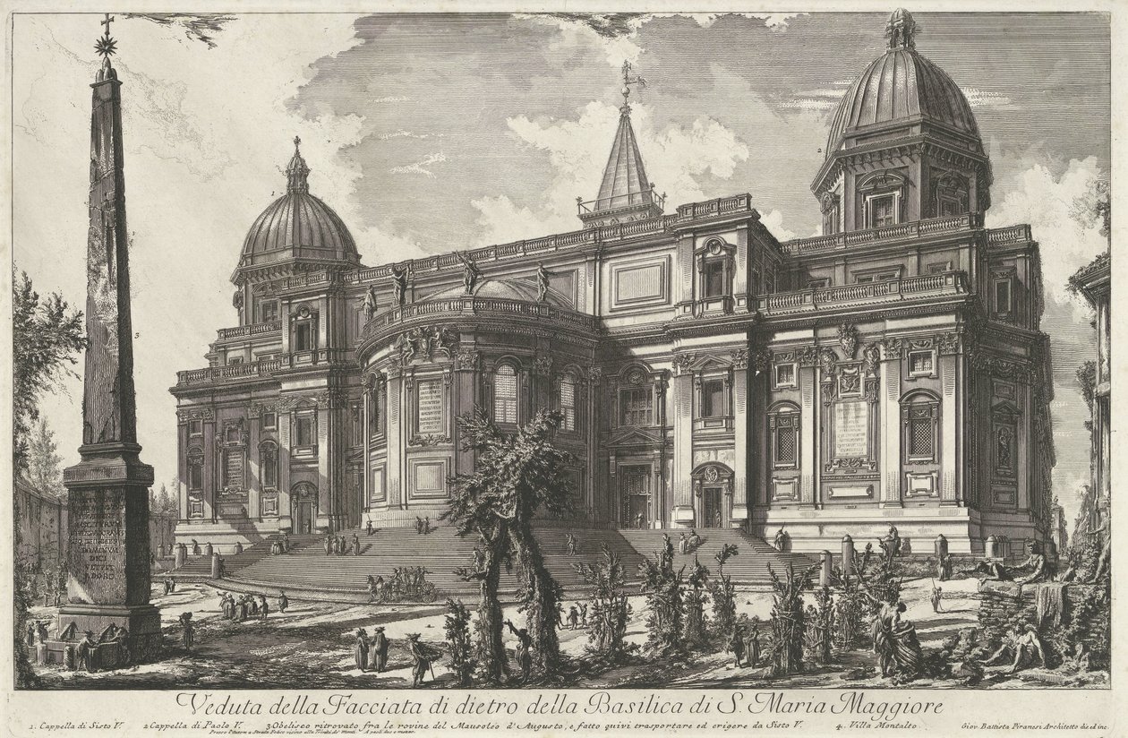 سانتا ماريا ماجوري تي روما منظر للواجهة الخلفية لكنيسة S. Maria Maggiore (العنوان على الجسم) Gezichten op Rome (عنوان المسلسل) مناظر لروما رسمها ونقشها المهندس المعماري جيامباتيستا بيرانيزي Ve (nez) iano (عنوان السلسلة) بواسطة جيوفاني باتيستا بيرانيسي