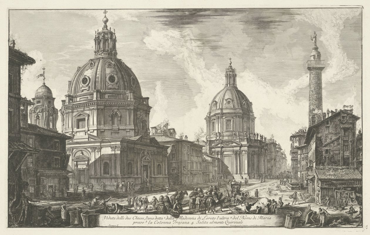 سانتا ماريا دي لوريتو في أقدس اسم لمريم في روما منظر للكنيستين (...) (العنوان على وجوه) Gezichten op Rome (عنوان المسلسل) مناظر لروما رسمها ونقشها المهندس المعماري جيامباتيستا بيرانيزي Ve (nez) iano (عنوان السلسلة) بواسطة جيوفاني باتيستا بيرانيسي