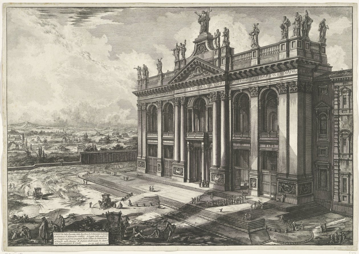 Sint-Jan van Lateranen te Rome منظر لواجهة بازيليك S. Giovanni Lateran (...) (العنوان على الجسم) Gezichten op Rome (عنوان المسلسل) مناظر لروما رسمها ونقشها المهندس المعماري جيامباتيستا بيرانيزي Ve (nez) iano (عنوان السلسلة) بواسطة جيوفاني باتيستا بيرانيسي