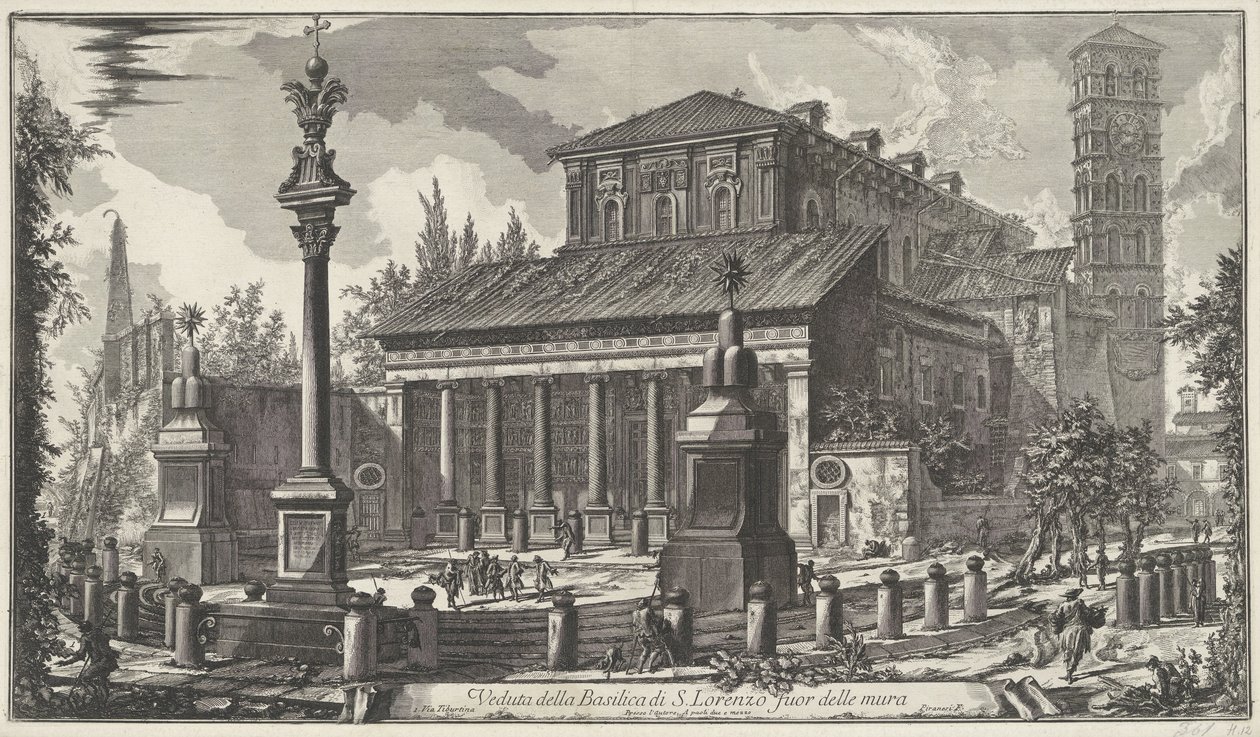 Sint-Laurens buiten de Muren te Rome منظر لكنيسة سان لورينزو خارج الجدران (العنوان على الجسم) Gezichten op Rome (عنوان المسلسل) مناظر لروما رسمها ونقشها المهندس المعماري جيامباتيستا بيرانيزي Ve (nez) iano (عنوان السلسلة) بواسطة جيوفاني باتيستا بيرانيسي