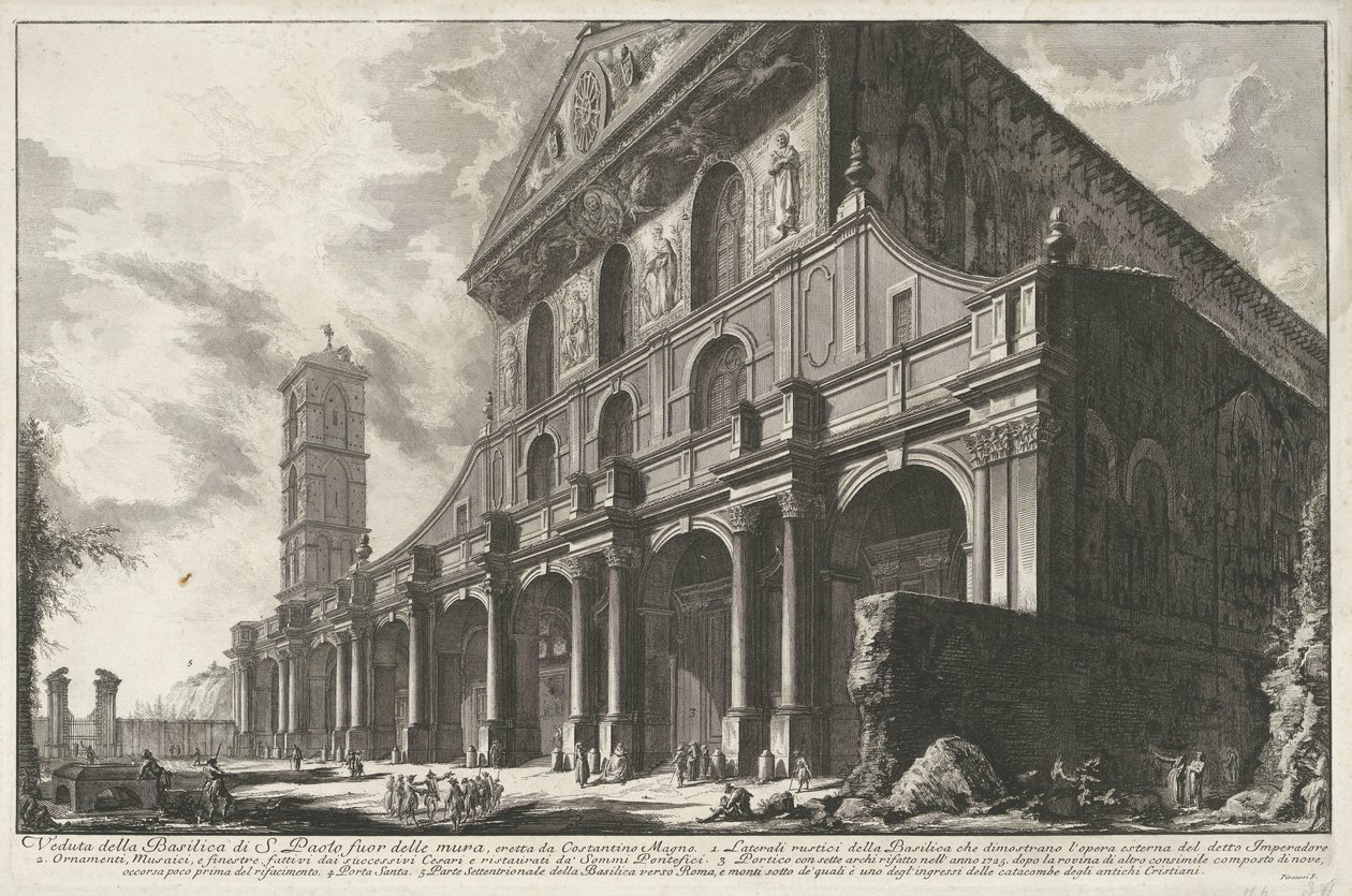 Sint-Paulus buiten de Muren te Rome منظر لكنيسة القديس بولس خارج الأسوار التي بناها قسطنطين الكبير (العنوان على القطعة) Gezichten op Rome (عنوان المسلسل) مناظر لروما رسمها ونقشها المهندس المعماري جيامباتيستا بيرانيزي Ve (nez) إيانو (جاد بواسطة جيوفاني باتيستا بيرانيسي