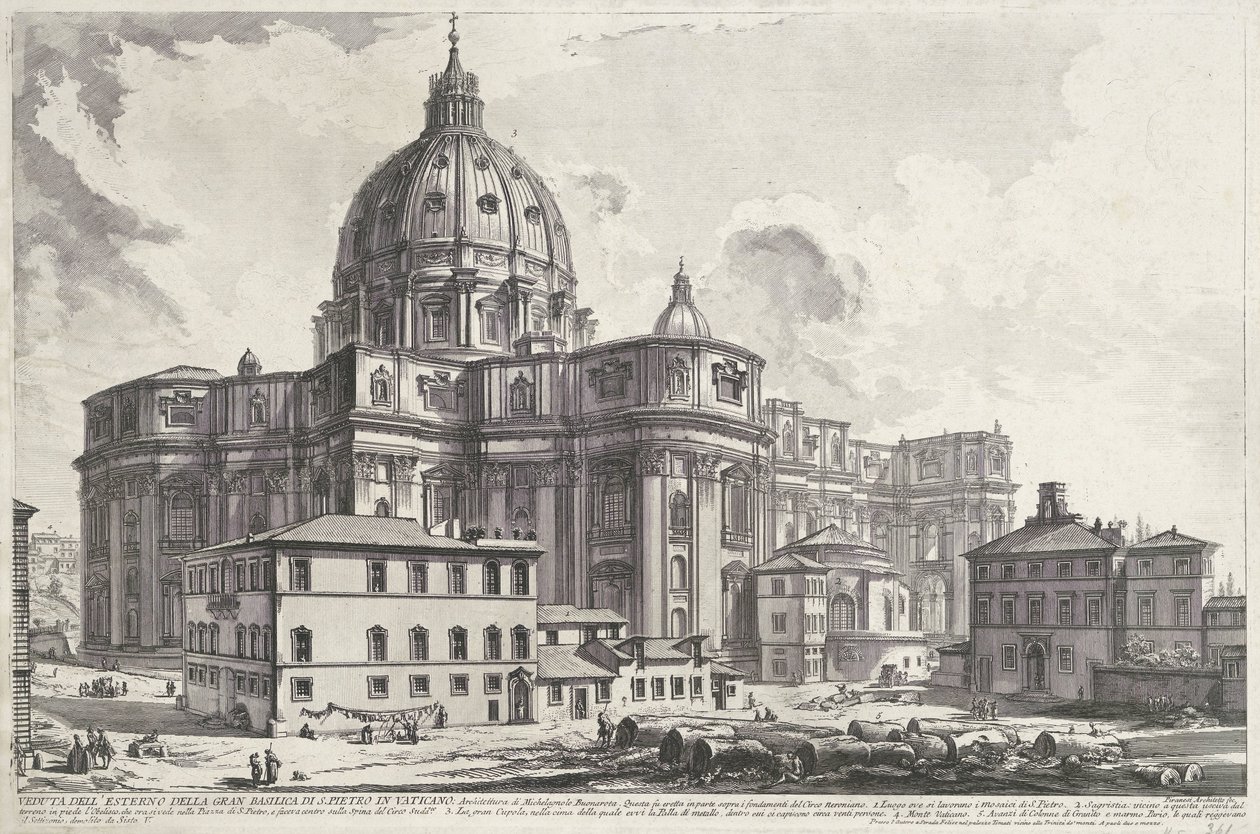 Sint-Pietersbasiliek vanaf Sacristy Square منظر للجزء الخارجي من كاتدرائية القديس بطرس في الفاتيكان (العنوان على الجسم) Gezichten op Rome (عنوان المسلسل) مناظر لروما رسمها ونقشها المهندس المعماري جيامباتيستا بيرانيزي Ve (nez) iano (عصر بواسطة جيوفاني باتيستا بيرانيسي