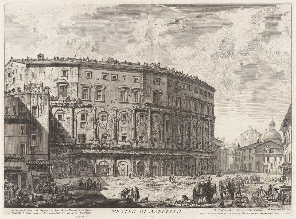 مسرح مارسيلوس. تم بناؤه بواسطة Augustus ، وخصص لابن أخيه Marcellus (مسرح Marcellus. تم بناء هذا المبنى من قبل Augustus ، وتم تكريسه لابن أخيه Marcellus) ، من Vedute di Roma (مناظر لروما) بواسطة جيوفاني باتيستا بيرانيسي